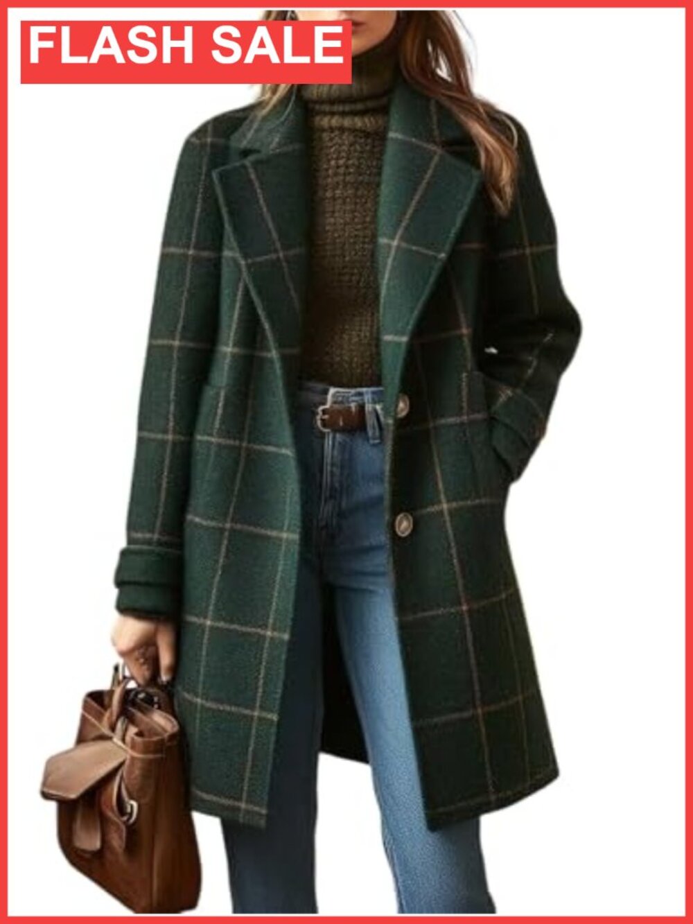 Women's Plaid Wool Trench Coat Button Down Mid Long Overcoat Notch Collar